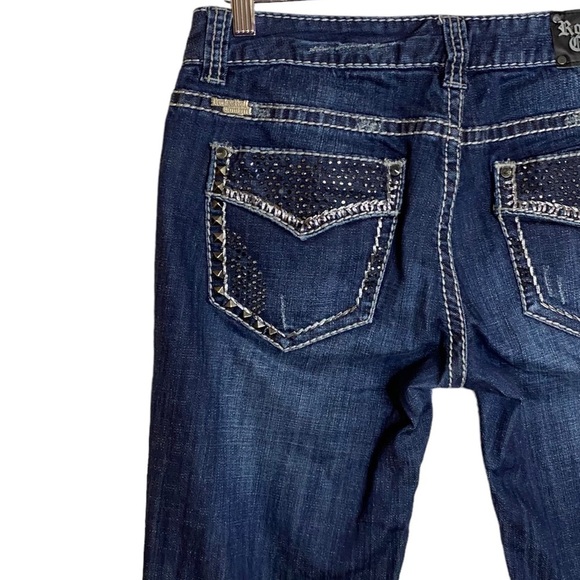 Rock and Roll Cowgirl Low Rise Studded Embellished Dark Blue Boot Cut Jeans 30 - Picture 9 of 16